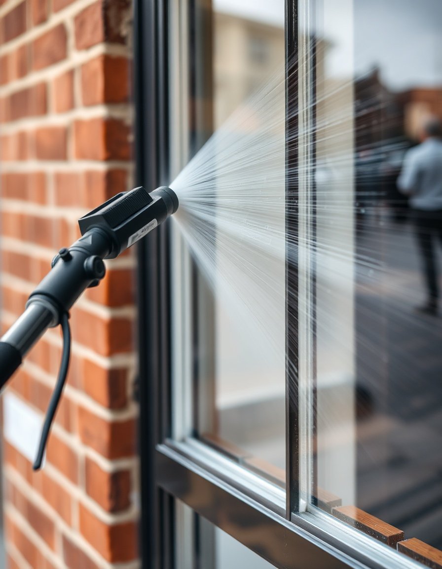 Без названия (5) Professional photography, close-up of water-fed pole brush<br />
cleaning a window on a red-brick London house exterior, after the work of window cleaners in North London,<br />
purified water spray visible.
